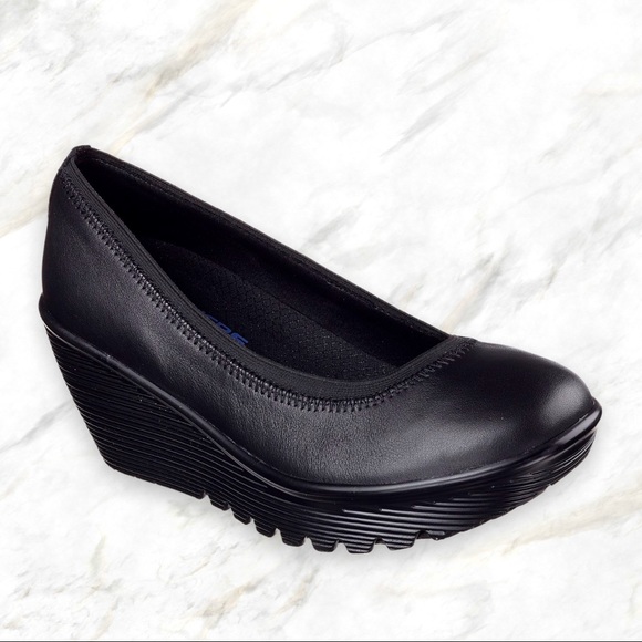 Skechers Shoes - Skechers | Black Leather Wedge Heel Slip-On Comfort Shoes